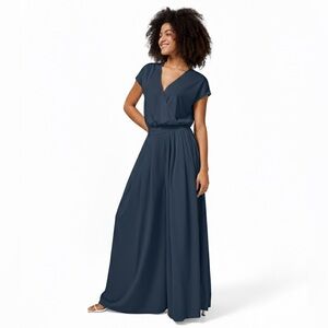 Halara Size M V Neck Short Sleeve Waffle Flowy Leg Jumpsuit Navy Blue